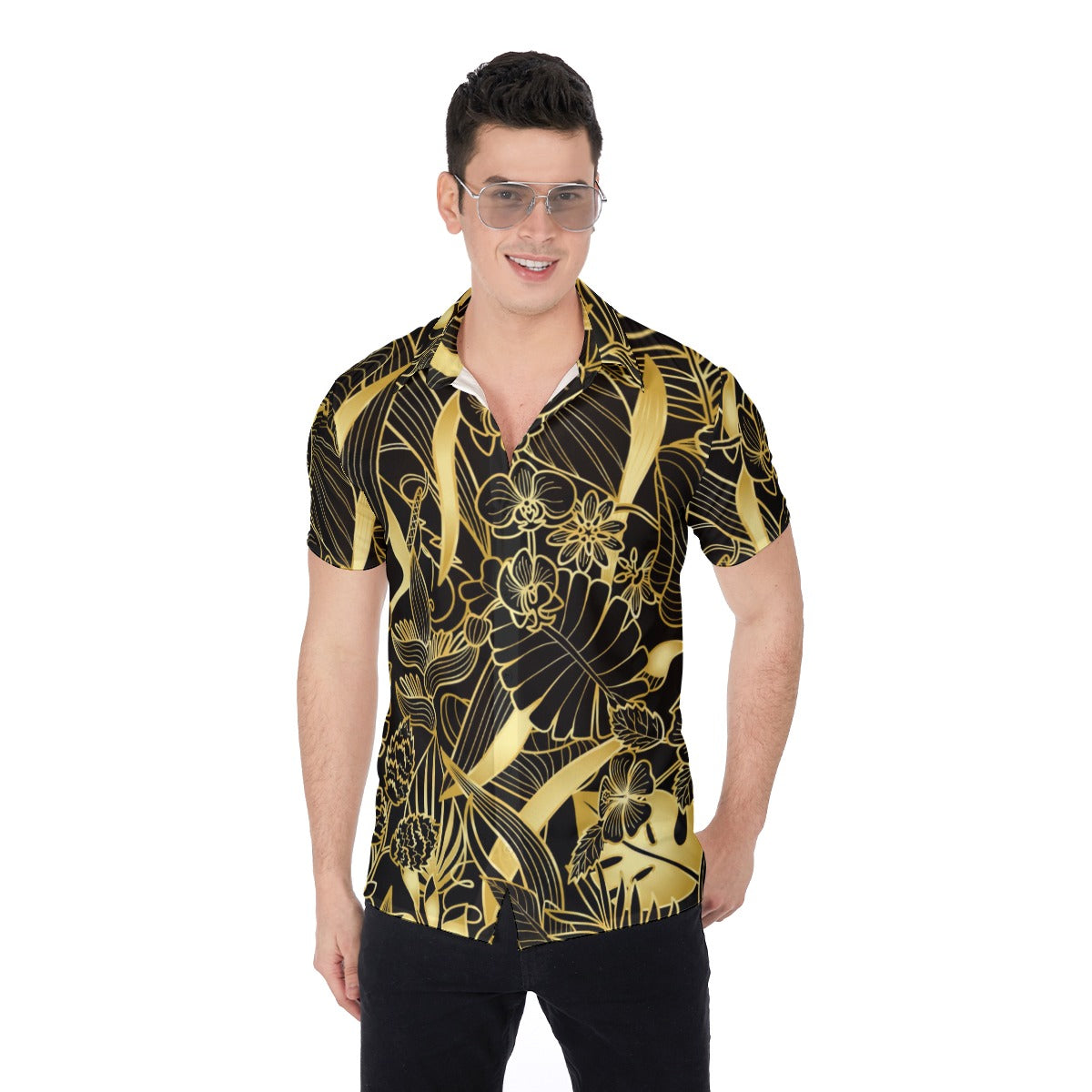 Gold Metallic Tropical Leaves Men's Button Up