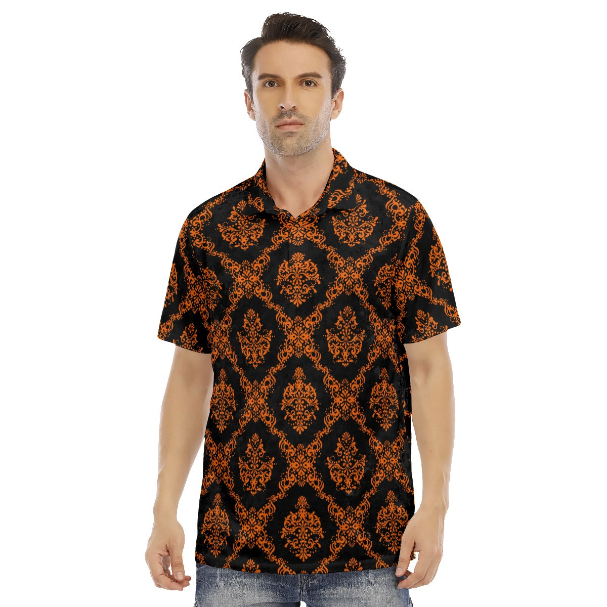 Orange & Black Ethnic Men's Polo Shirt | Velvet