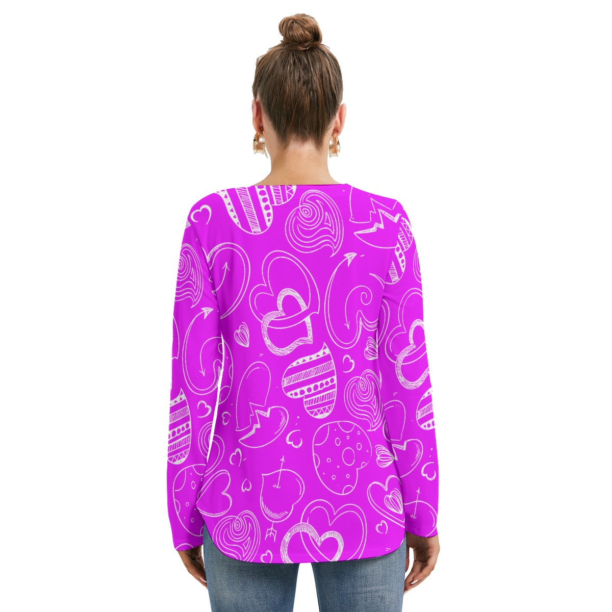 Purple With White Doodle Hearts Women's Long Sleeve Neckline Tie Sweatshirt