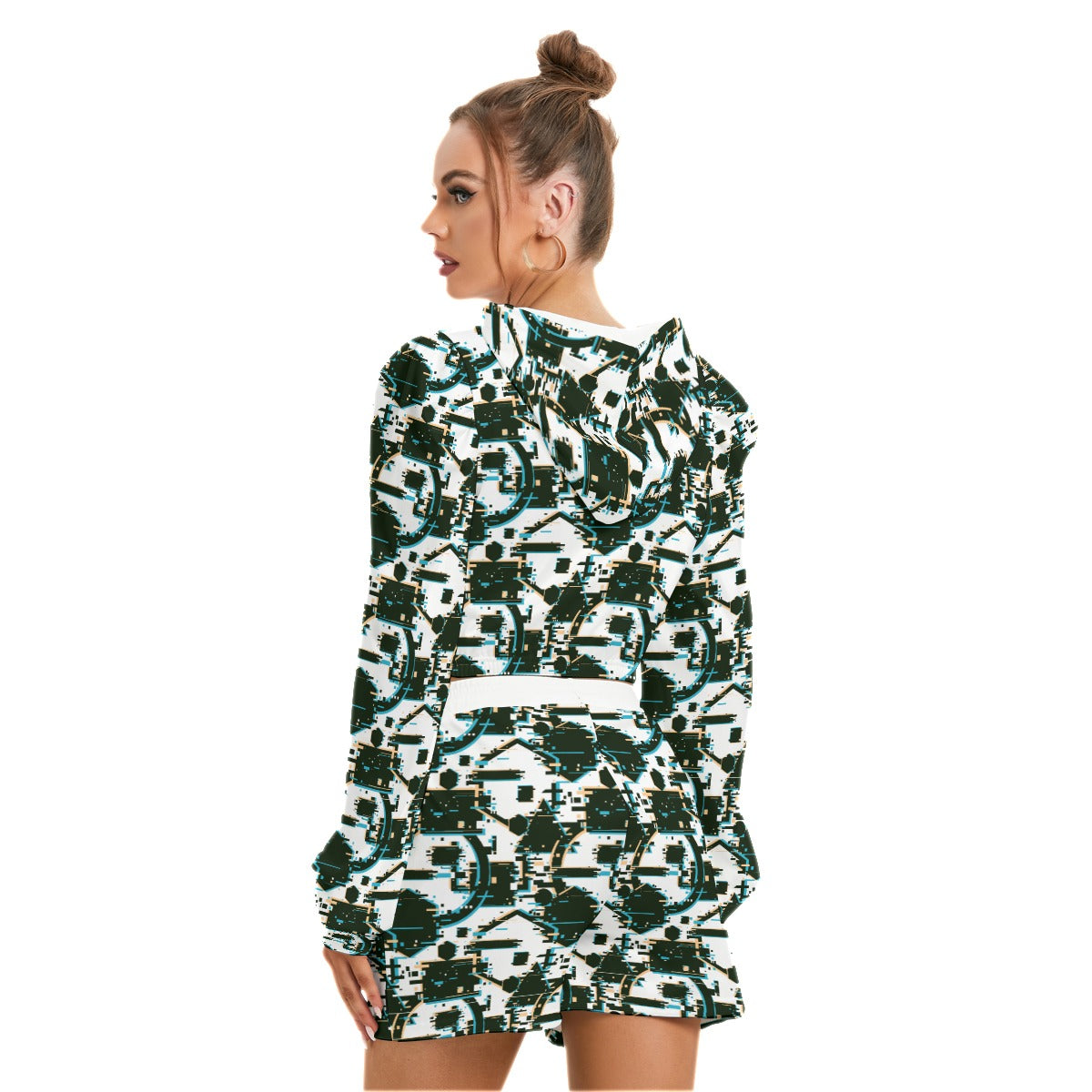 Glitchy Abstract Pattern Women's Mirco Fleece Hoodie And Shorts Set