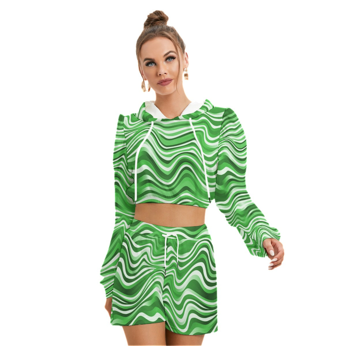 Green Wavy Baby Women's Mirco Fleece Hoodie And Shorts Set