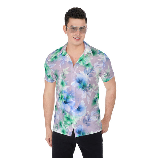 Blue & Green Abstract Flowers Men's Button Up