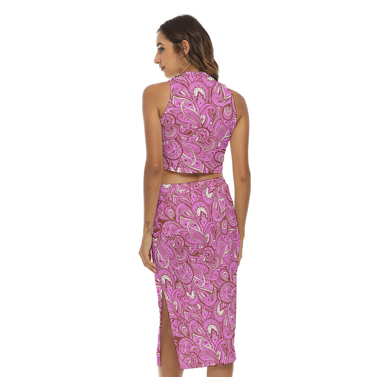 Pink Paisley Pattern Women's Tank Top & Split High Skirt Set