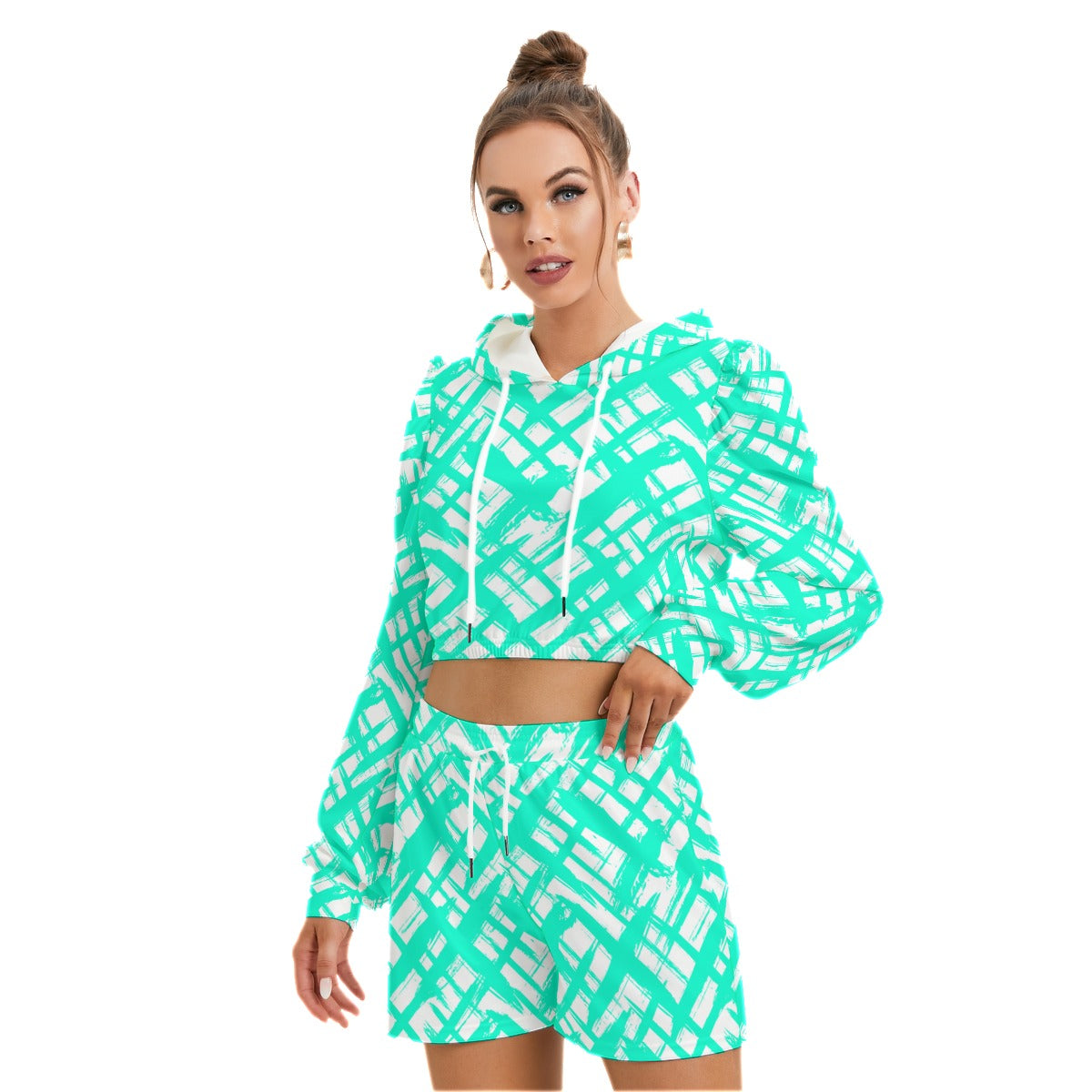 Teal Stripes & Crosses Women's Mirco Fleece Hoodie And Shorts Set