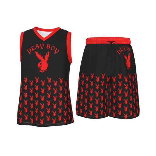 Black & Red Play Boy Men's V Neck Basketball Suit