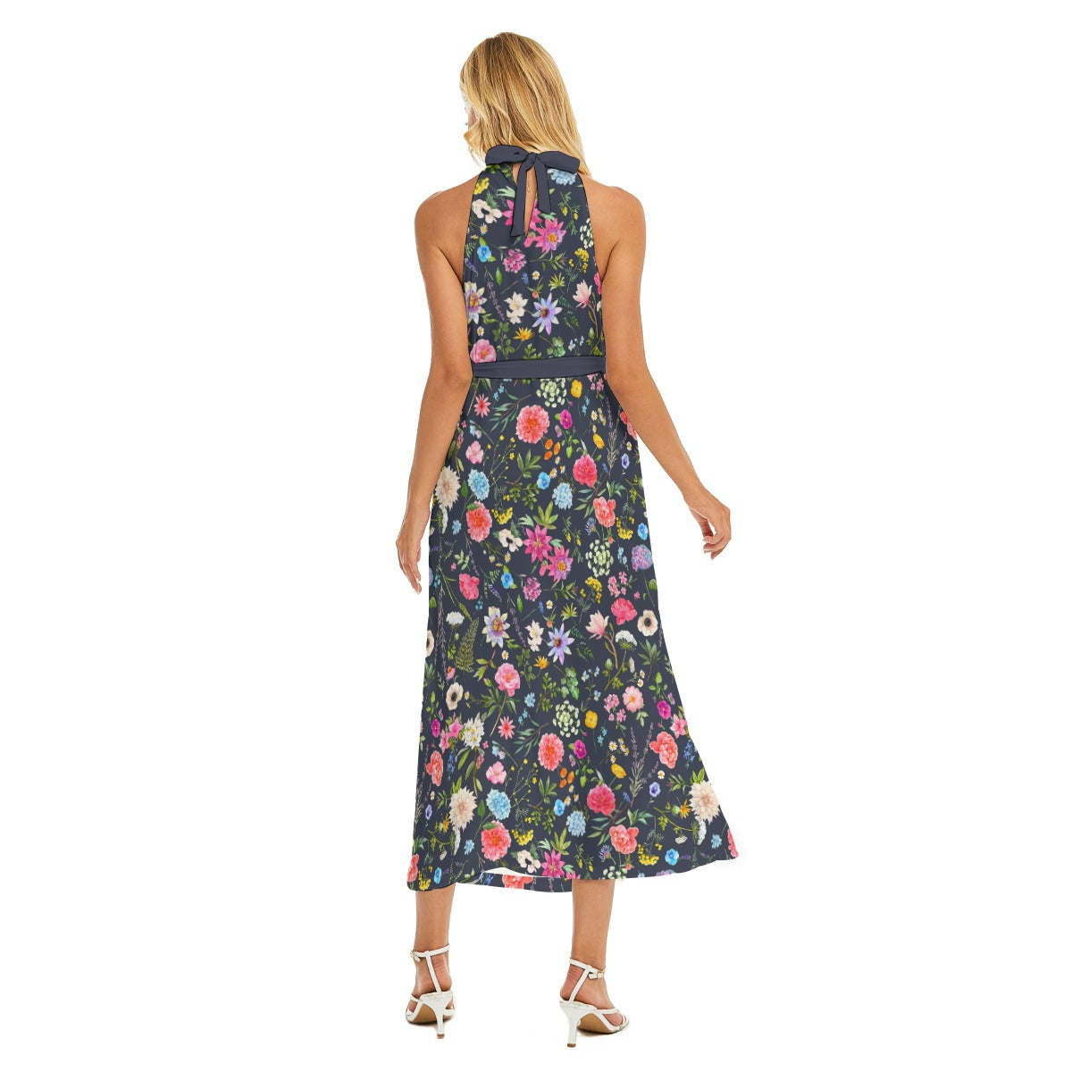 Beautiful Flowers Women's Wrap Hem Belted Halter Dress