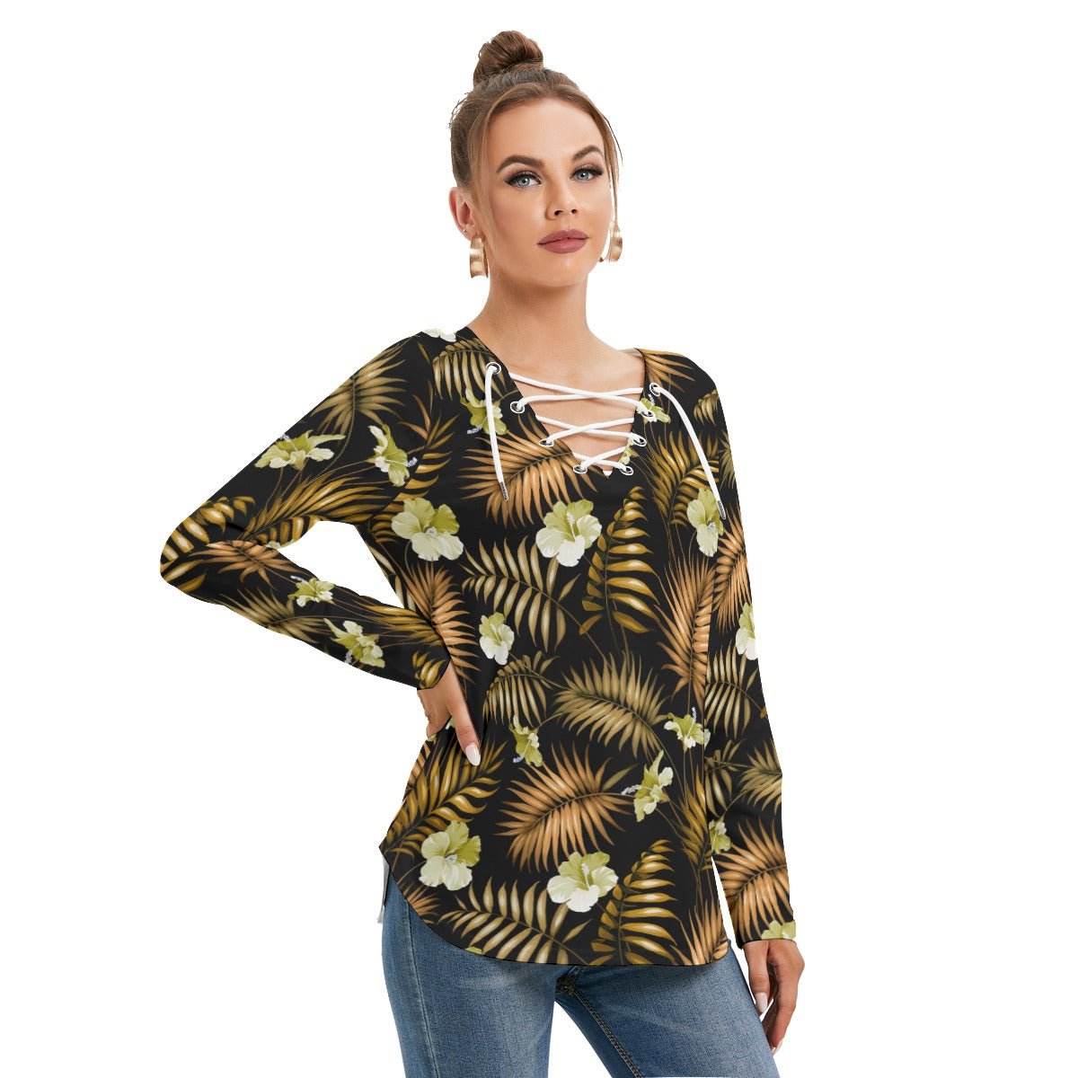 Tropical Flowers Women's Long Sleeve Neckline Tie Sweatshirt