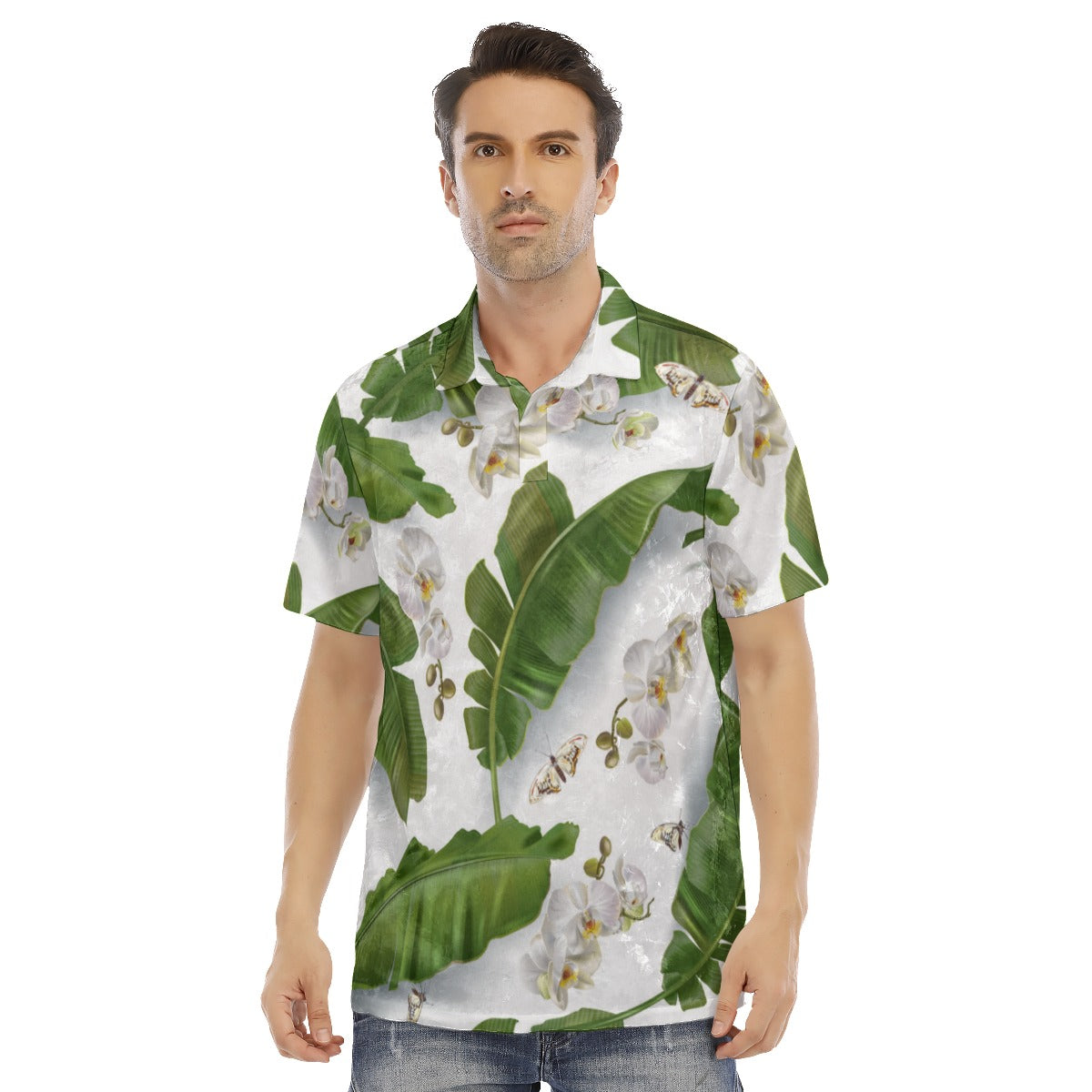 Banana Leaves & Orchids Men's Polo Shirt | Velvet