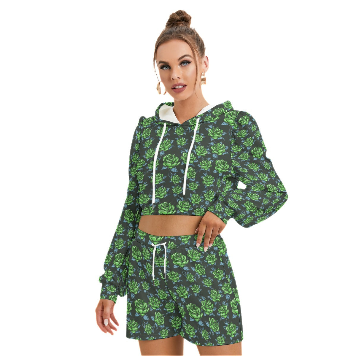 Green Roses Women's Mirco Fleece Hoodie And Shorts Set