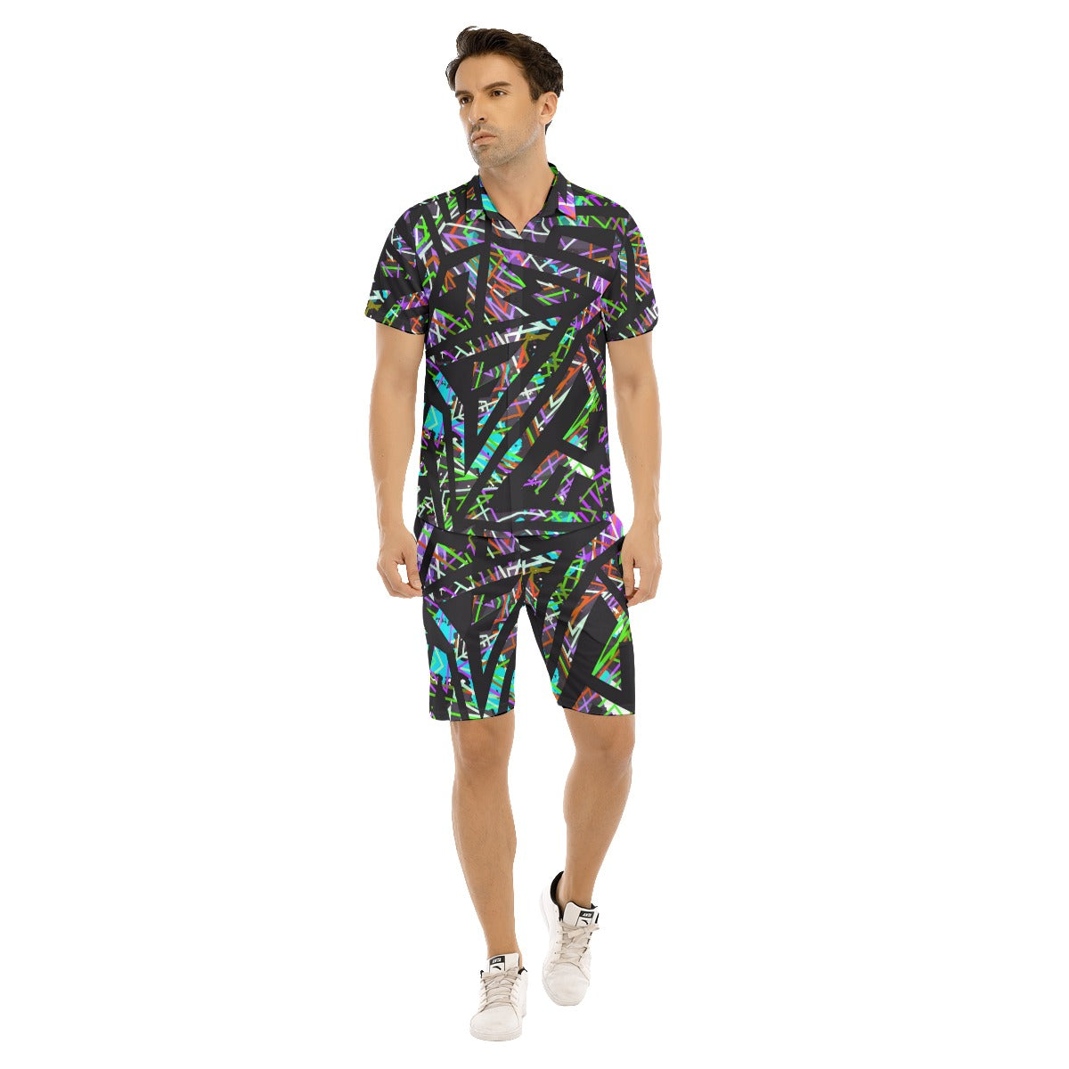 Futuristic Neon Geometric Men's Short Sleeve Shirt Sets