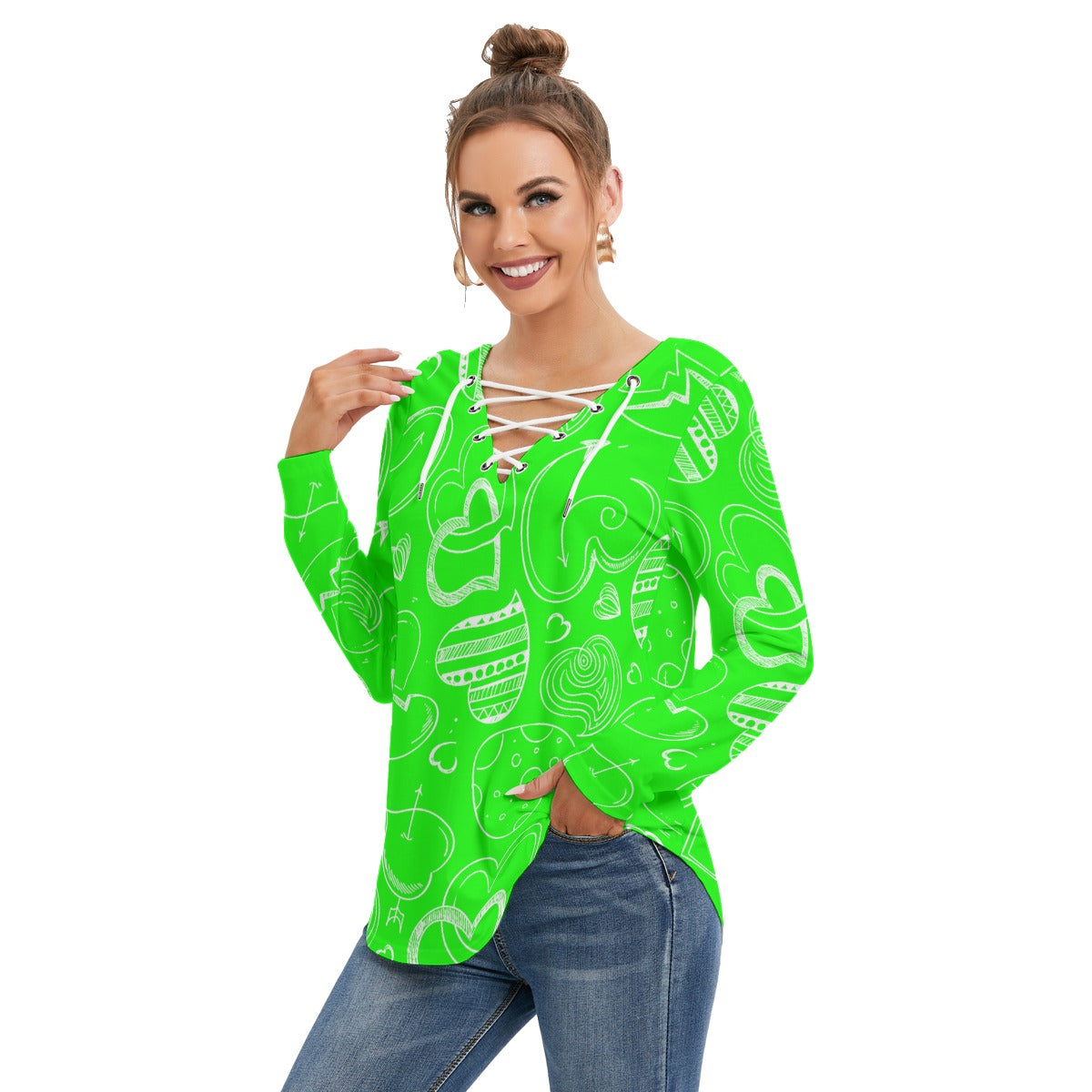 Green With White Doodle Hearts Women's Long Sleeve Neckline Tie Sweatshirt