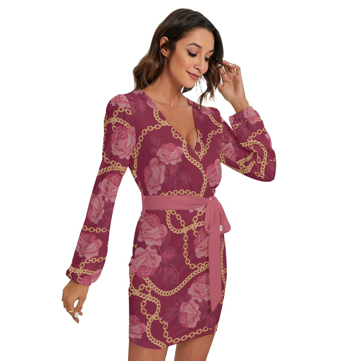 Chains & Roses Long Sleeve Dress With Waist Belt