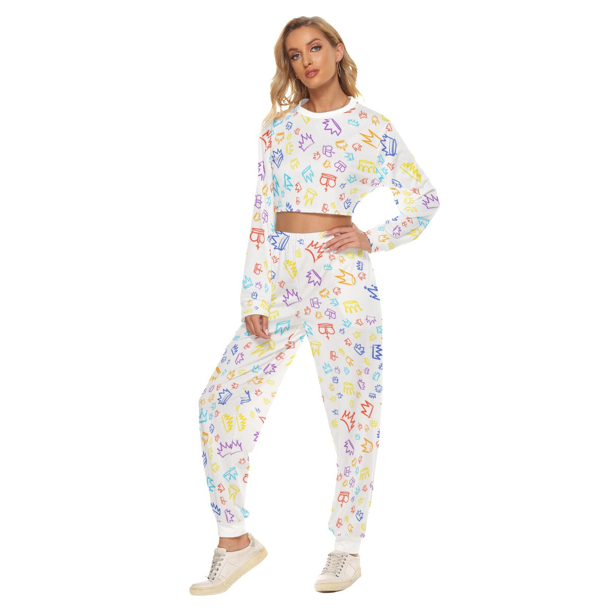 Graffiti Style Crowns Women's Crop Sweatshirt Suit