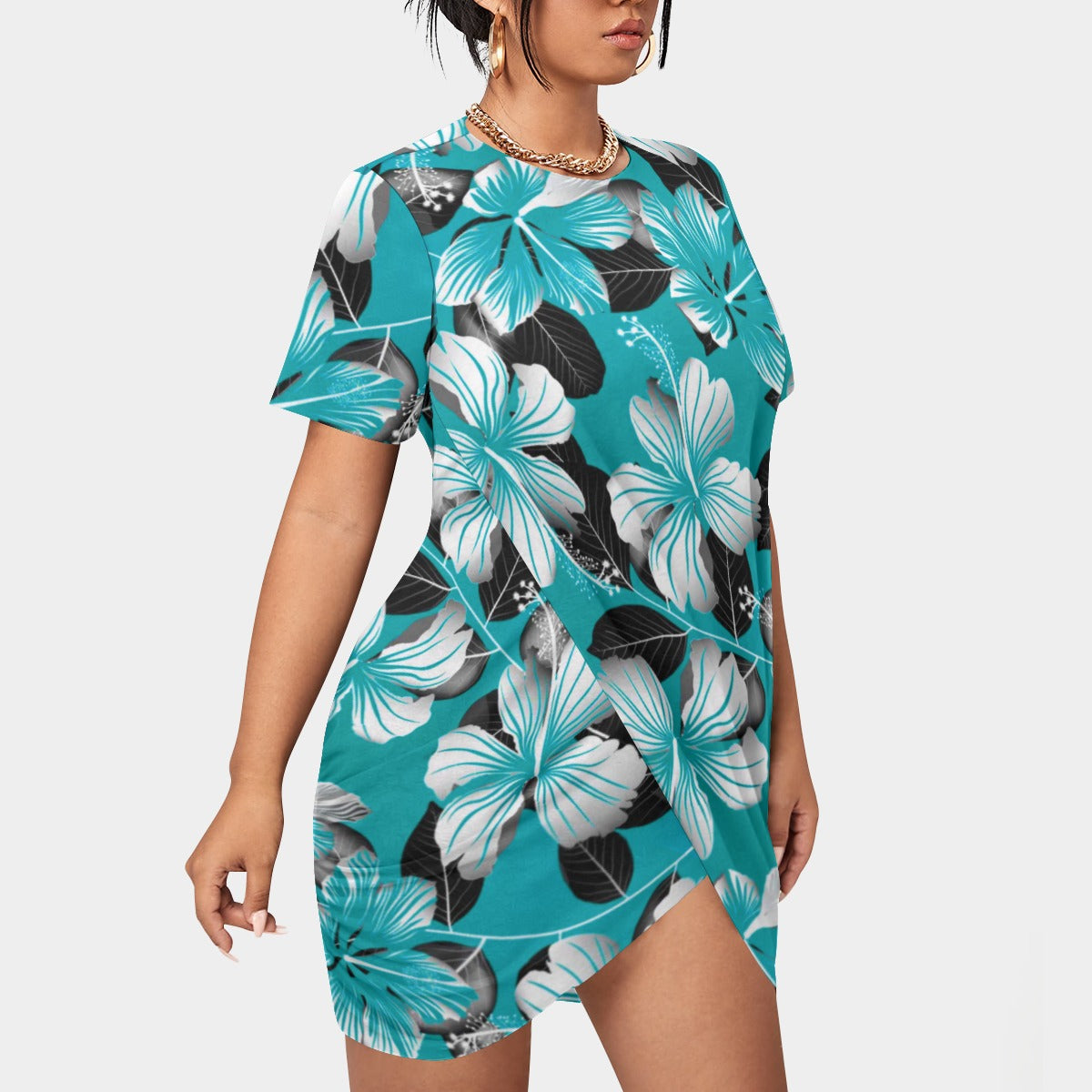 Women’s Tropic Style Stacked Hem Dress With Short Sleeve（Plus Size)