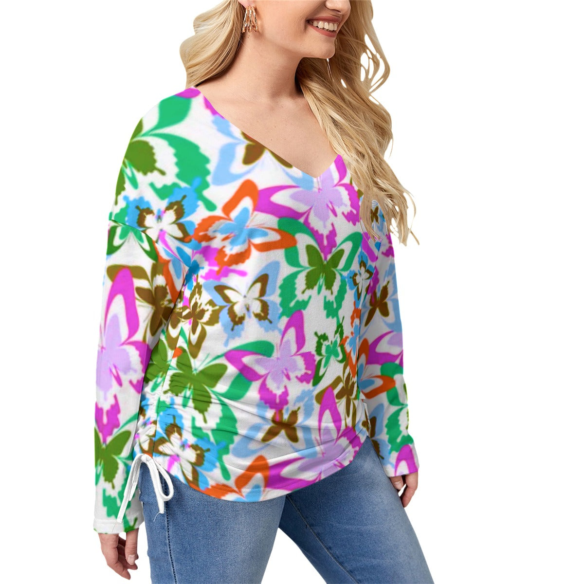 Colorful Butterflies Women’s V-neck T-shirt With Side Drawstring(Plus Size)