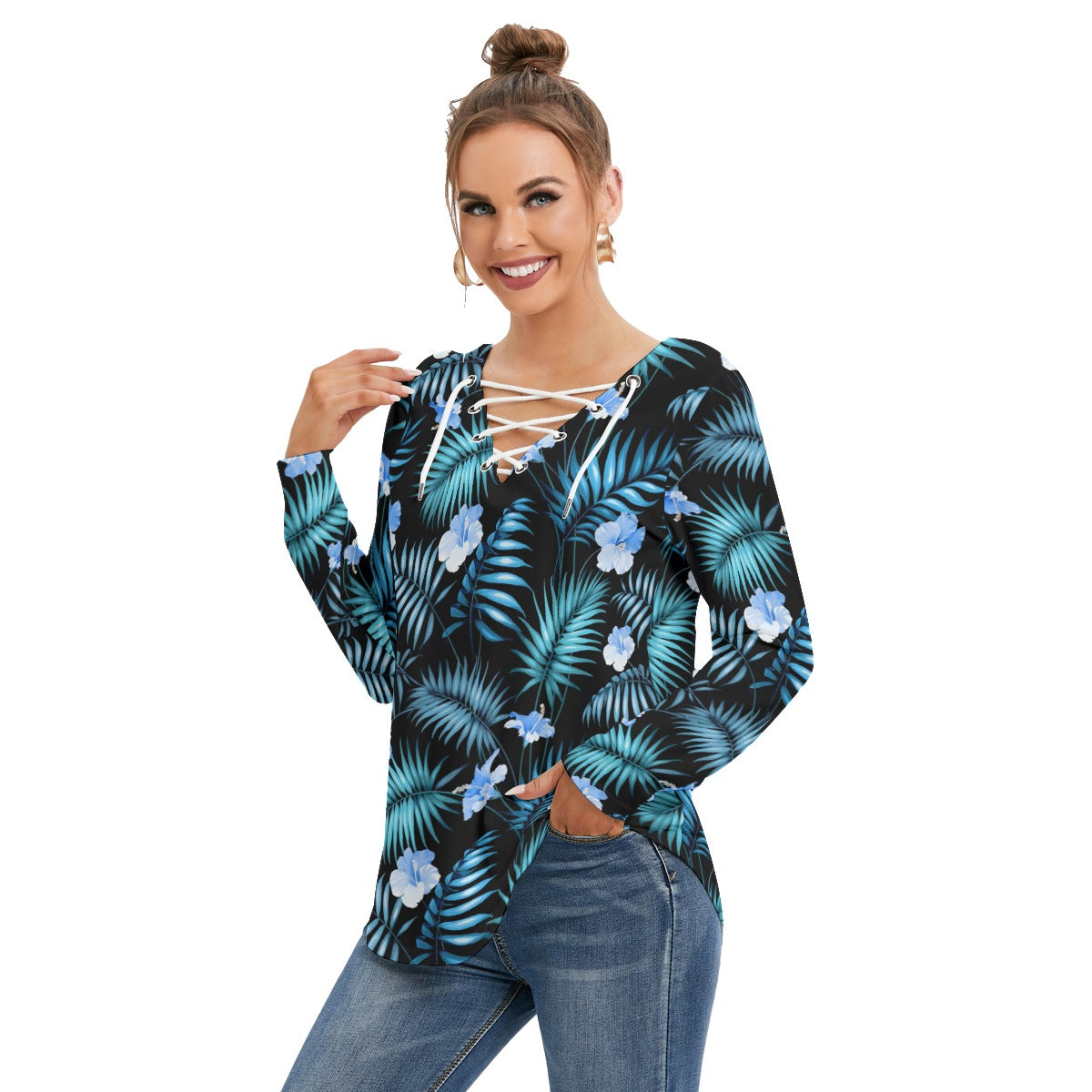 Tropical Flowers Women's Long Sleeve Neckline Tie Sweatshirt