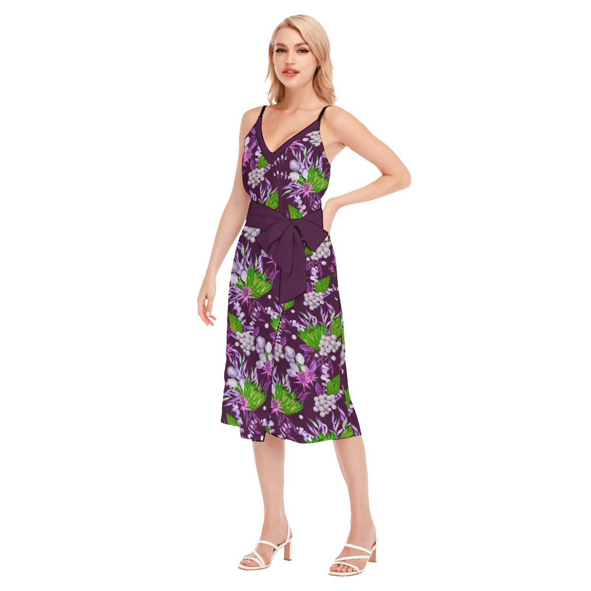 Tropic Summer Women's V-neck Cami Dress With Waist Band