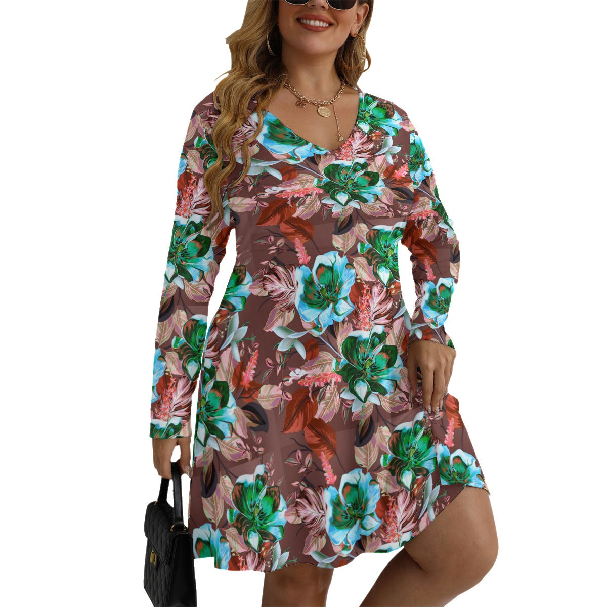 Beautiful Tulips Women's V-neck Long Sleeve Dress (Plus Size)