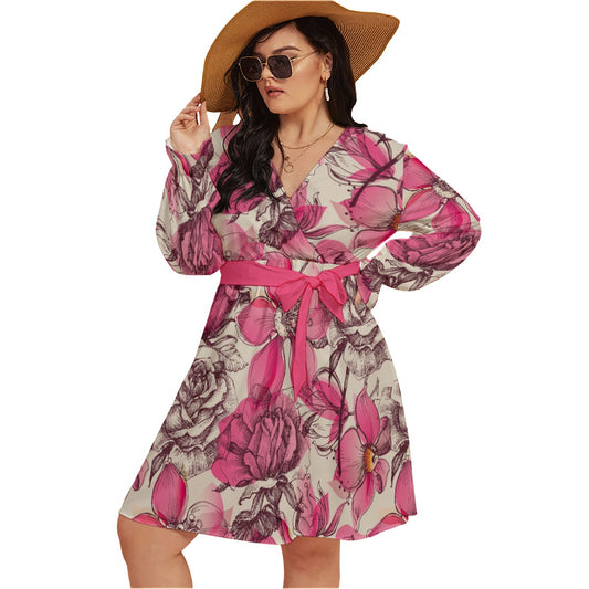 Retro Style Pink Roses Women's V-neck Dress With Waistband (Plus Size)