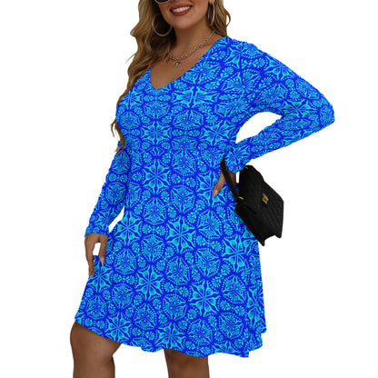 Royalty Made Blue & Teal Women's V-neck Long Sleeve Dress (Plus Size)