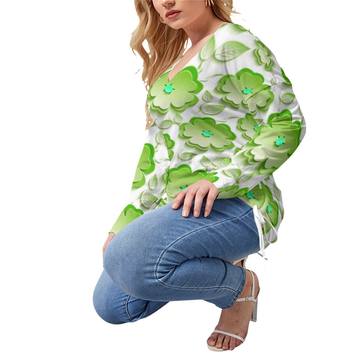 Green Sakura Flowers & Leaves Women’s V-neck T-shirt With Side Drawstring(Plus Size)