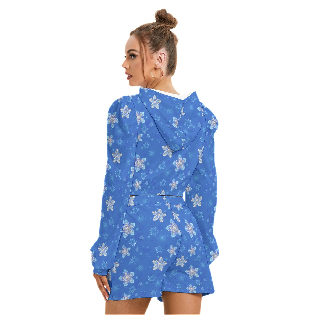 Blue With Silver Flowers Women's Mirco Fleece Hoodie And Shorts Set