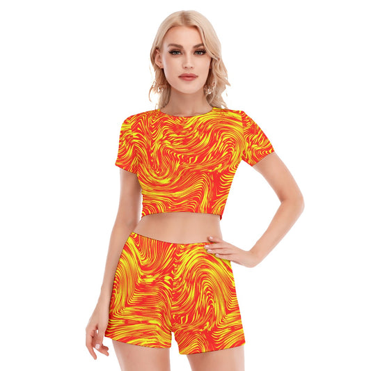 Red & Yellow Wavy Baby  Women's Short Sleeve Cropped Top Shorts Suit