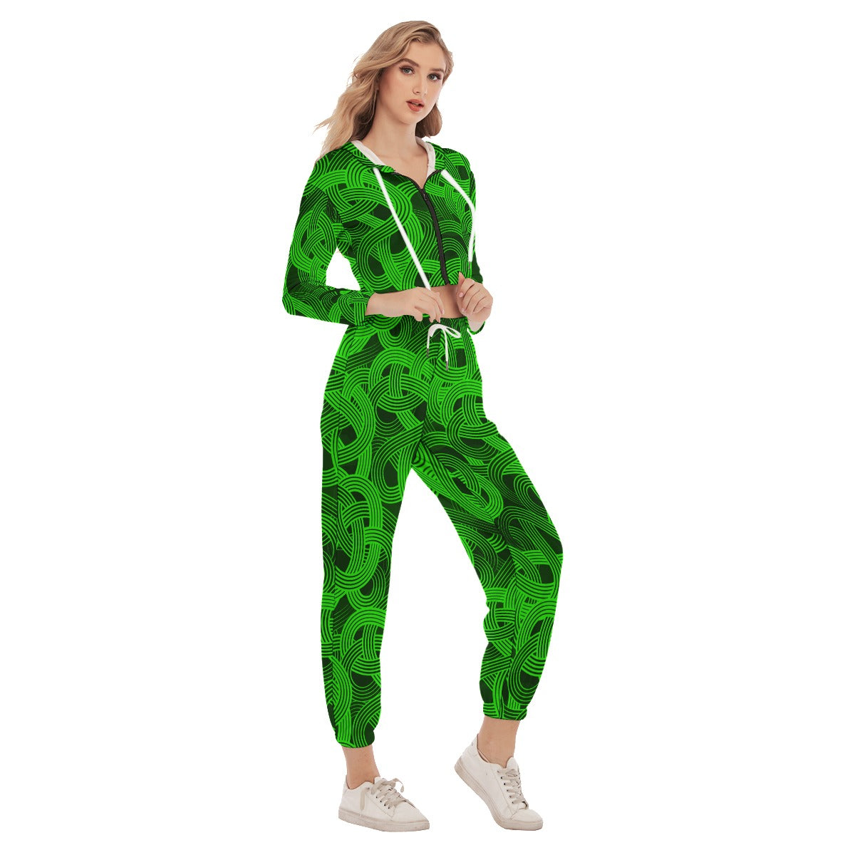 Trippy Green & Black Noodles Women's Crop Hoodie Sports Sets