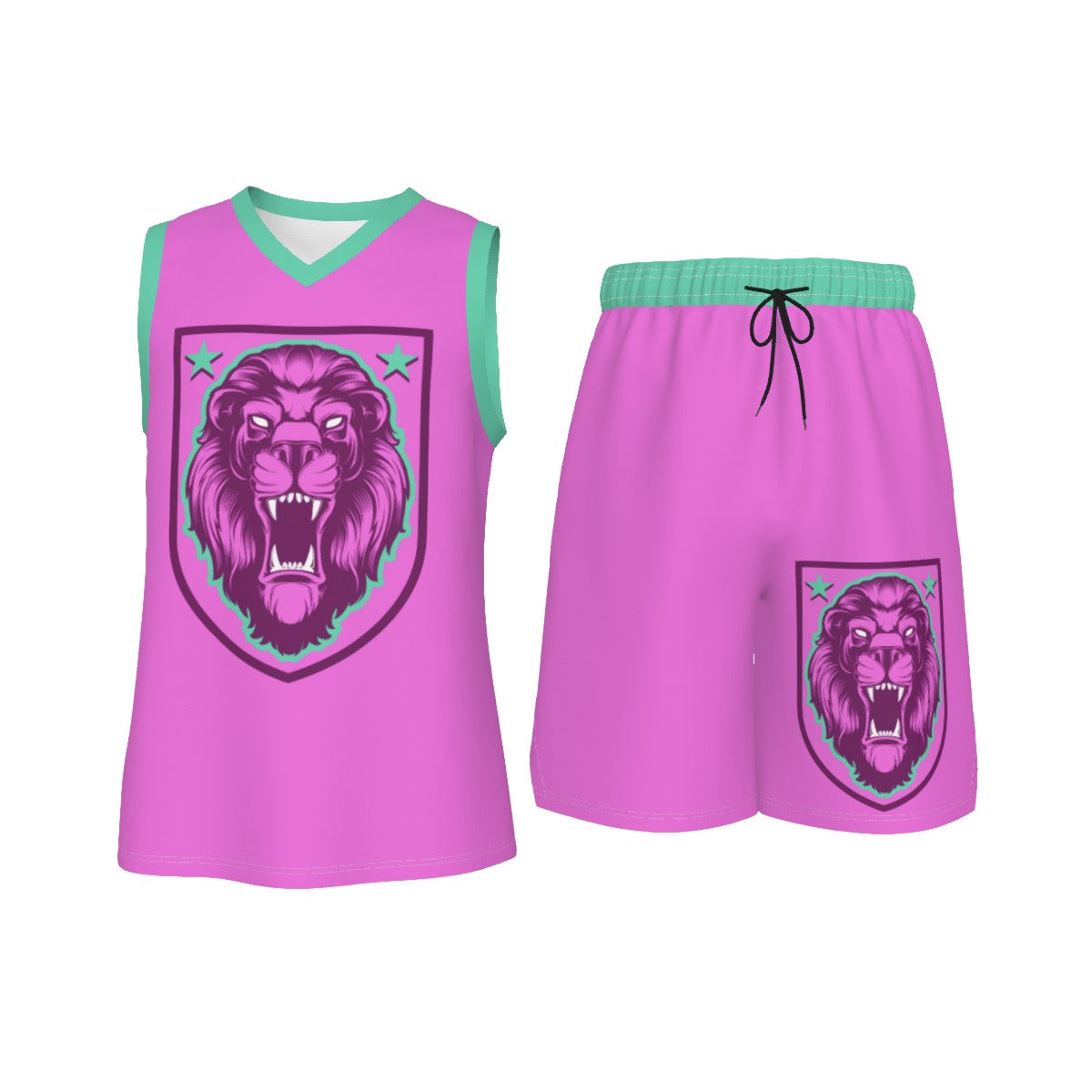 Pink & Teal Lion Shield Men's V Neck Basketball Suit