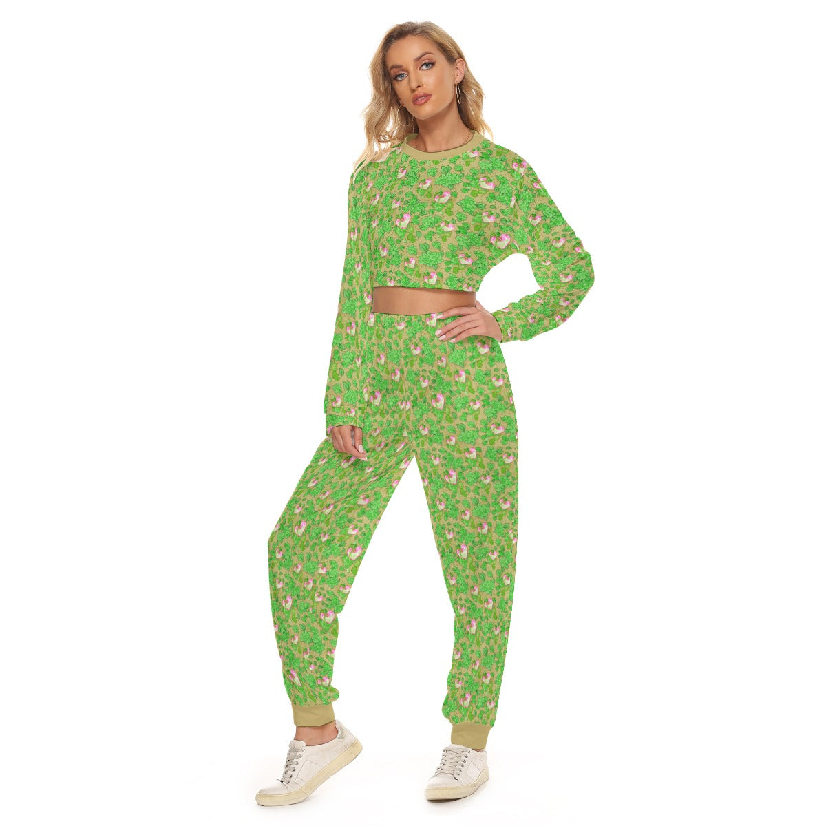 Cute Perfume Bottles & Leaves Women's Crop Sweatshirt Suit