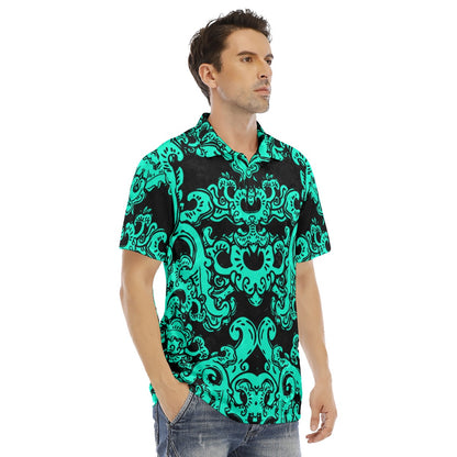 Teal & Black Baroque Pattern Men's Polo Shirt | Velvet