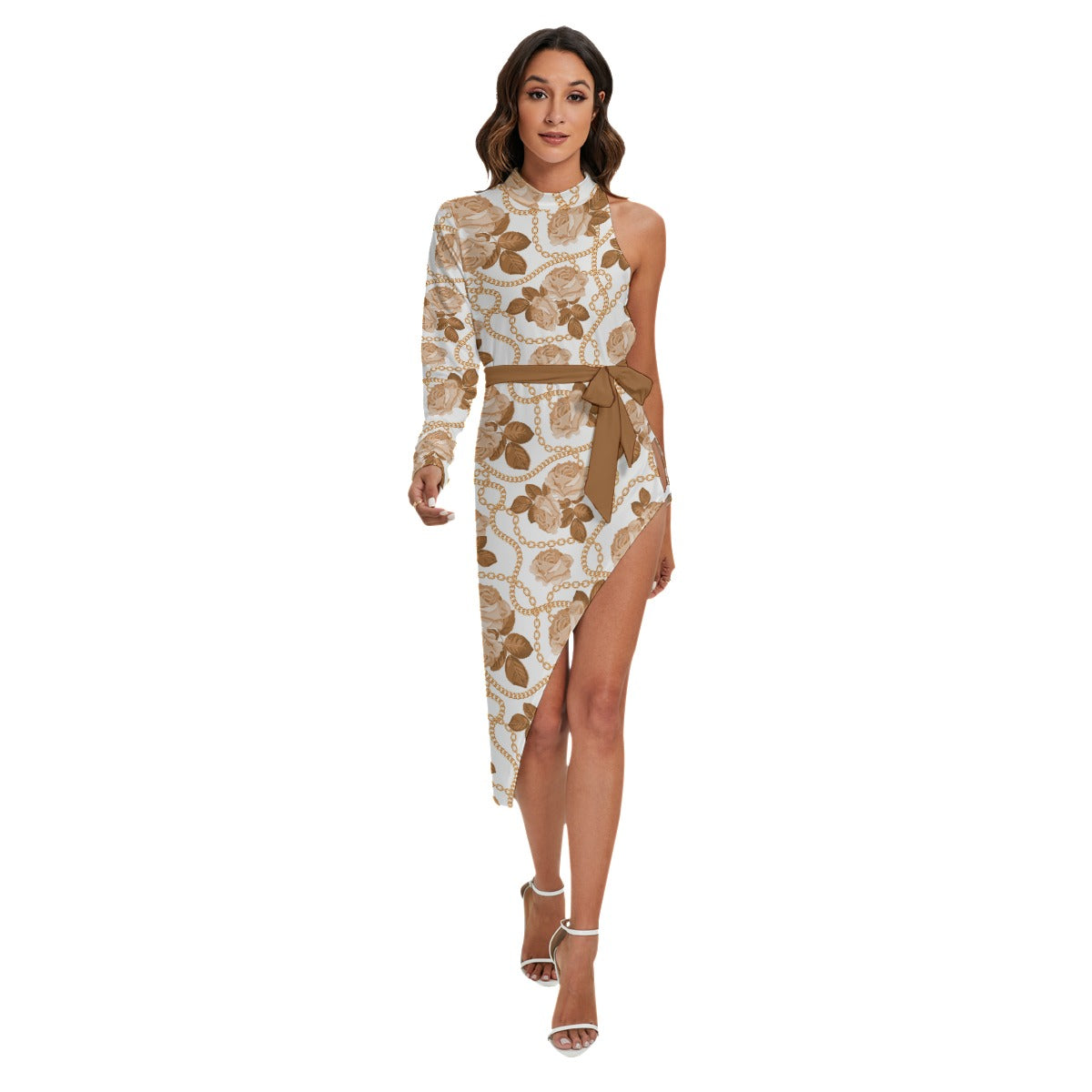 Tan Chains & Roses Women's Side Cutout Dres