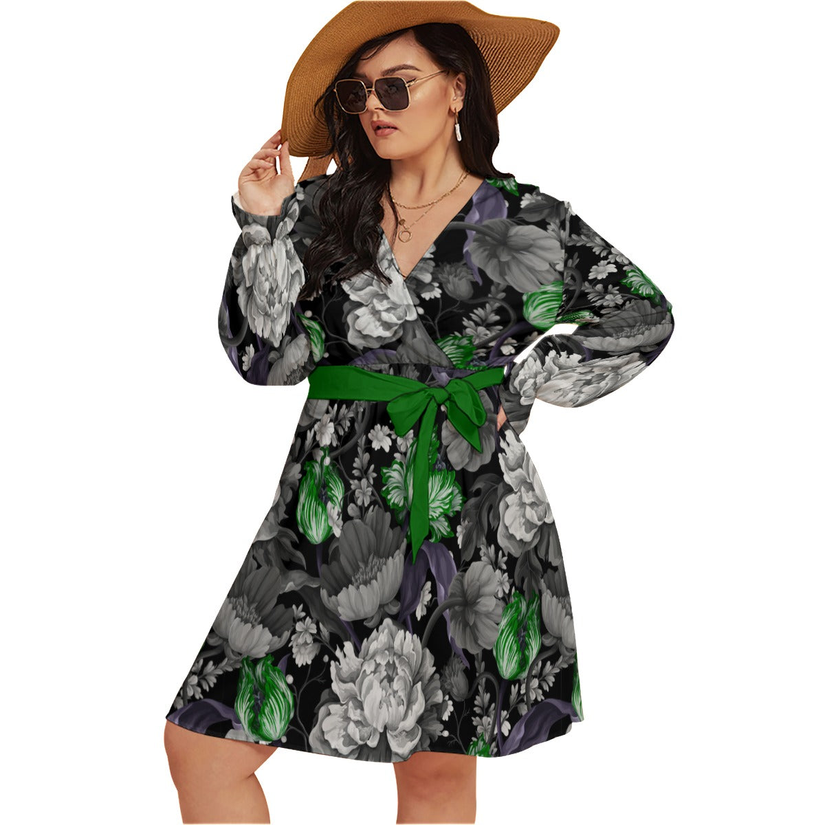 Green Vintage Tulips & Peonies Women's V-neck Dress With Waistband  (Plus Size)