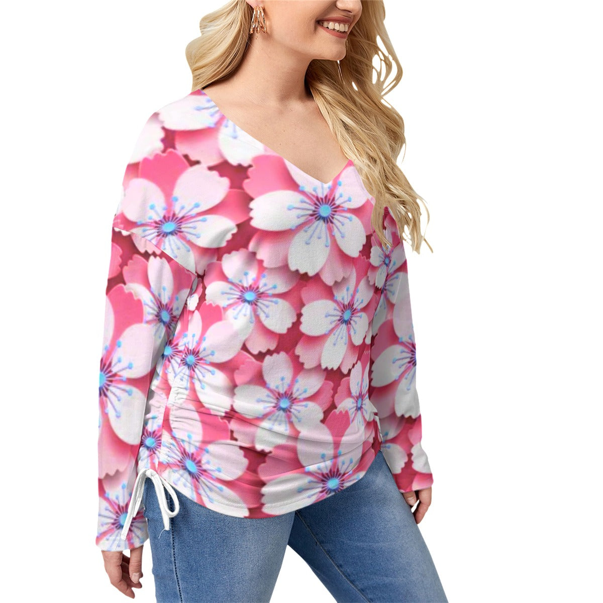 Pink With White Cherry Blossoms Women’s V-neck T-shirt With Side Drawstring(Plus Size)