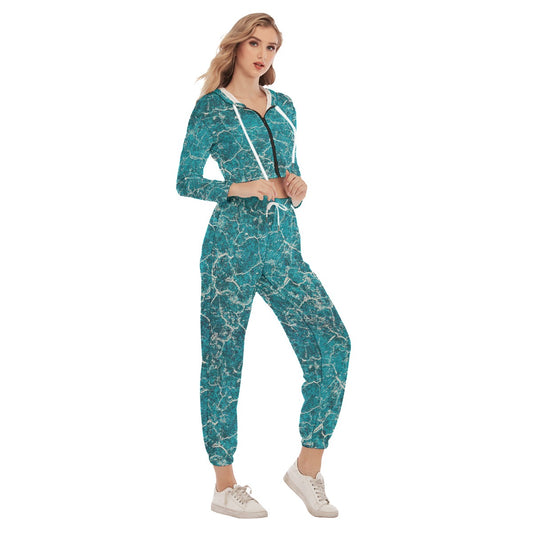 Light Blue Grunge Women's Crop Hoodie Sports Sets