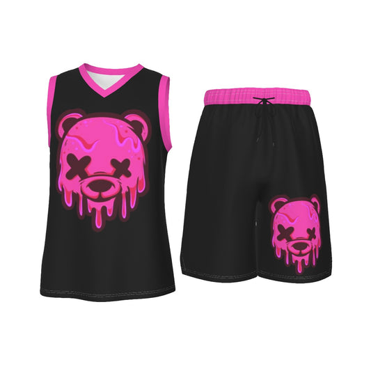 Hot Pink Ice Cream Teddy Men's V Neck Basketball Suit