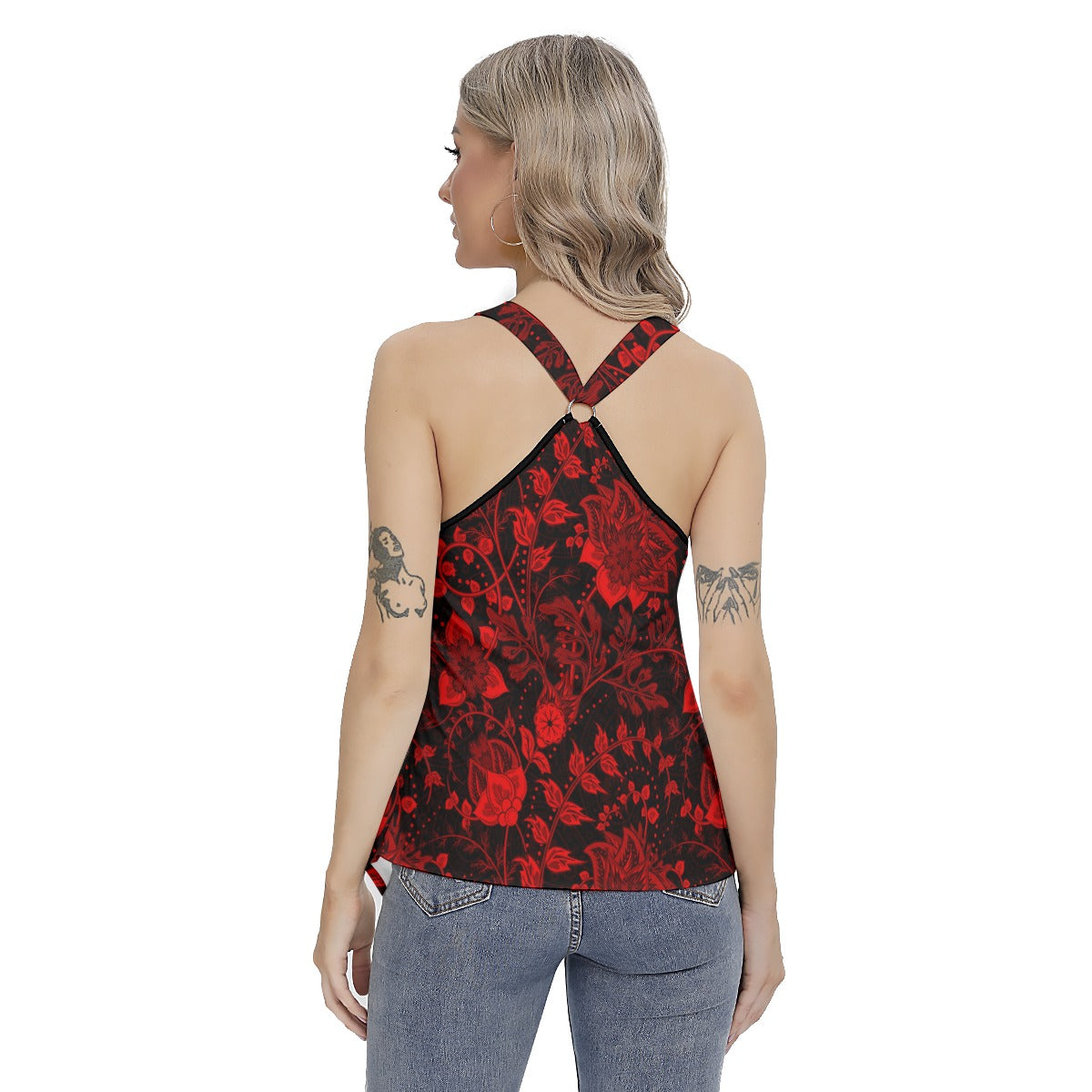 Elegant Black With Red Flowers Women's Skinny Sport Tank Top