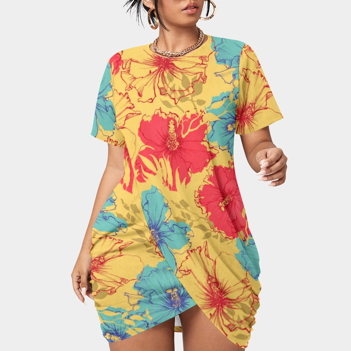 Women’s Tropical Summer Stacked Hem Dress With Short Sleeve（Plus Size)