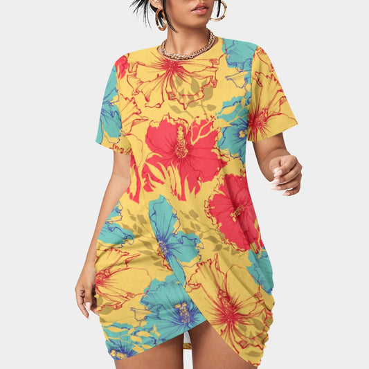 Women’s Tropical Summer Stacked Hem Dress With Short Sleeve（Plus Size)