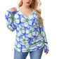 Blue With White Cherry Blossoms Women’s V-neck T-shirt With Side Drawstring(Plus Size)