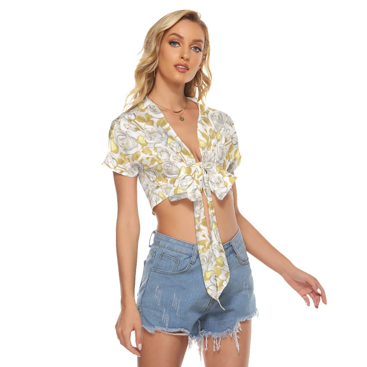 White Roses With Gold Leaves Women's Bandage Crop Top