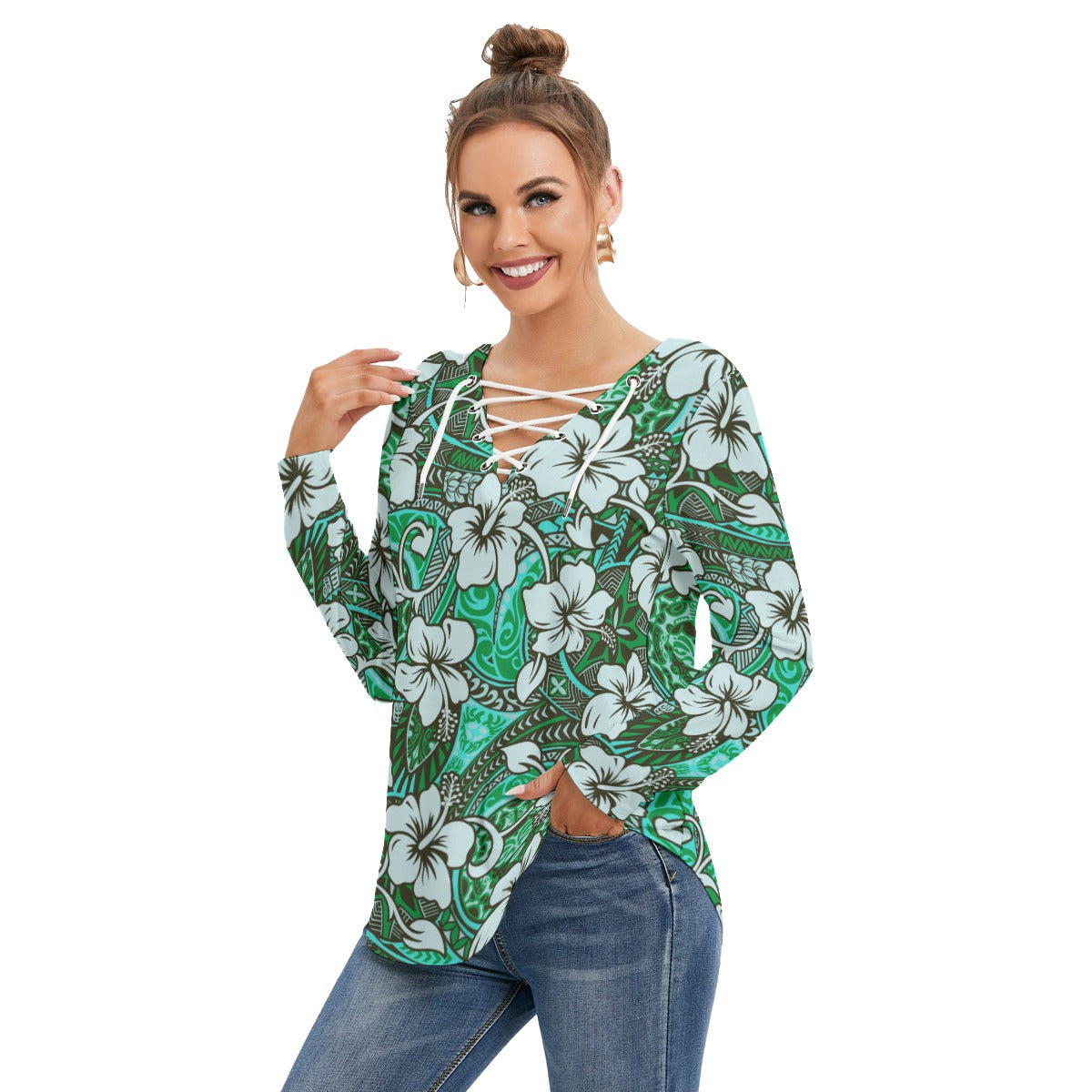 Tropical Hibiscus Flower With Tapa Tribal Designs Women's Long Sleeve Neckline Tie Sweatshirt