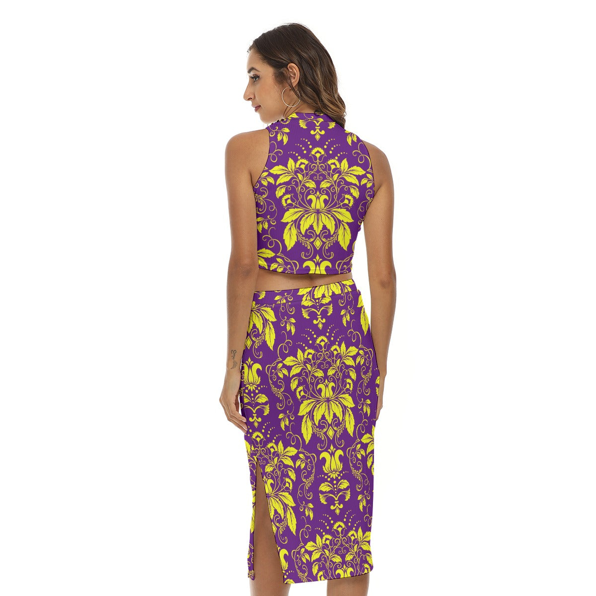 Yellow With Purple Vintage Flowers Women's Tank Top & Split High Skirt Set