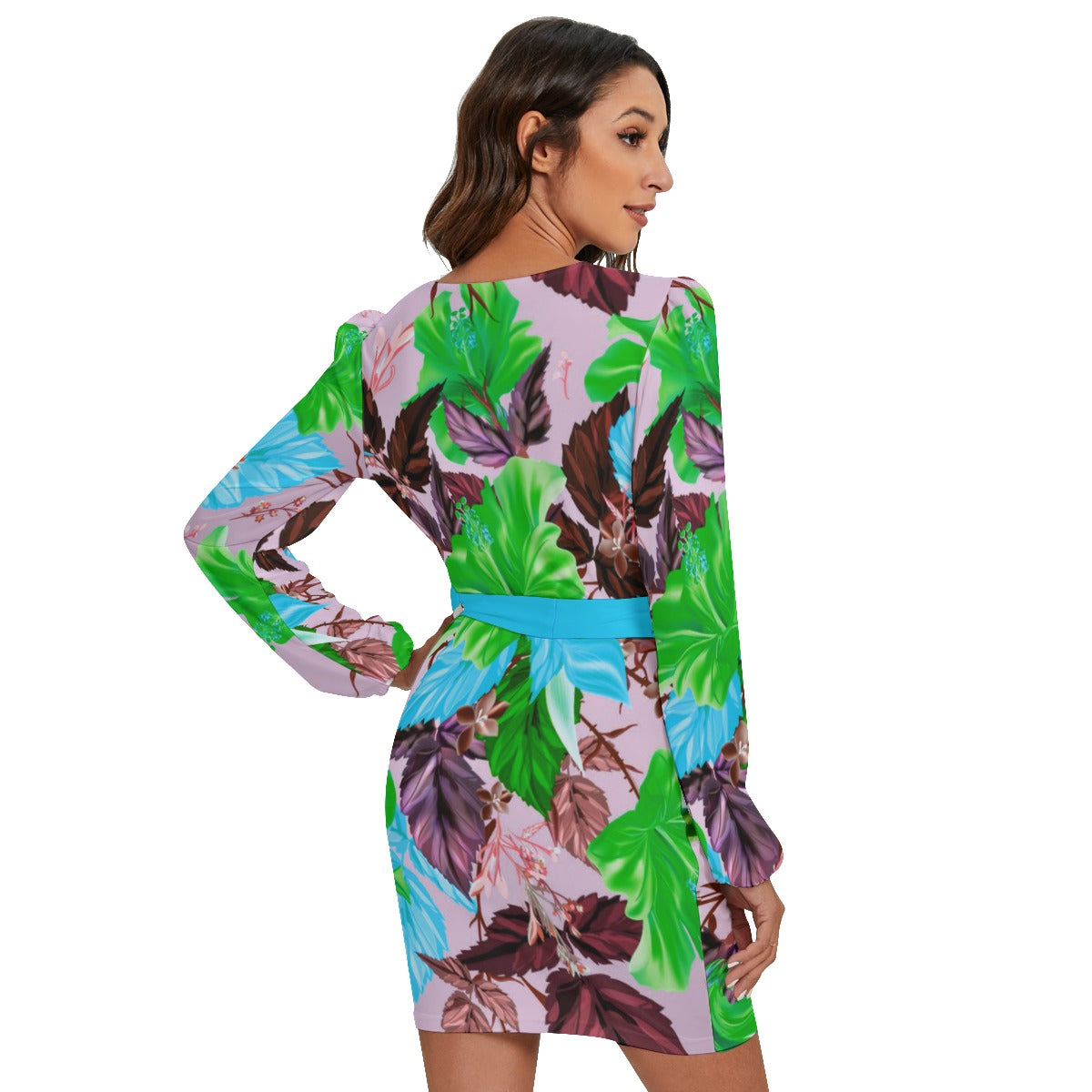 China Flowers Bright Buds Women's Long Sleeve Dress With Waist Belt