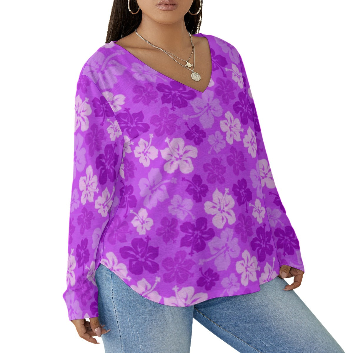 Women's Tropical Hawaiian Hibiscus Flowers V-neck T-shirt With Curved Hem(Plus Size)