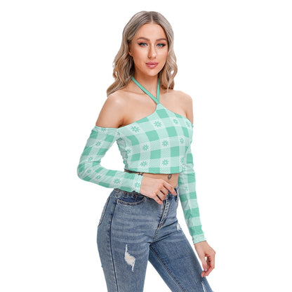 White With Teal Flowers Women's Plaid Halter Lace-up Top