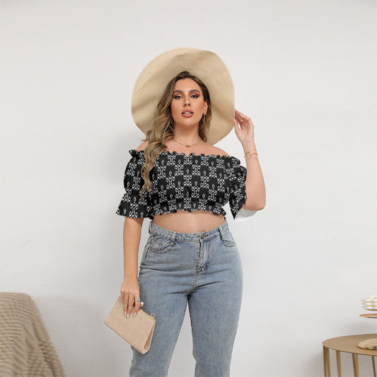 Cute Black & White Women's Off-shoulder Cropped Top With Short Puff Sleeve