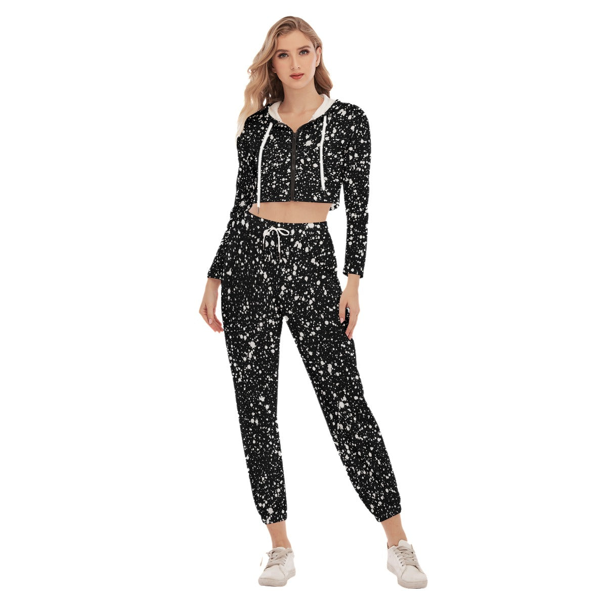 Black With White Ink Splashes & Blots Women's Crop Hoodie Sports Sets