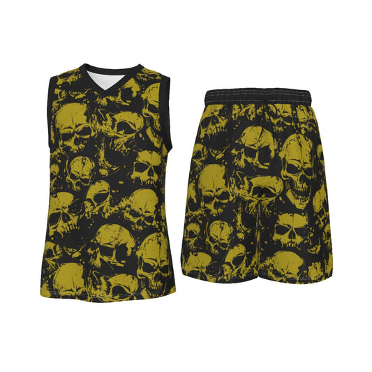 Yellow Grunge Skulls Men's V Neck Basketball Suit