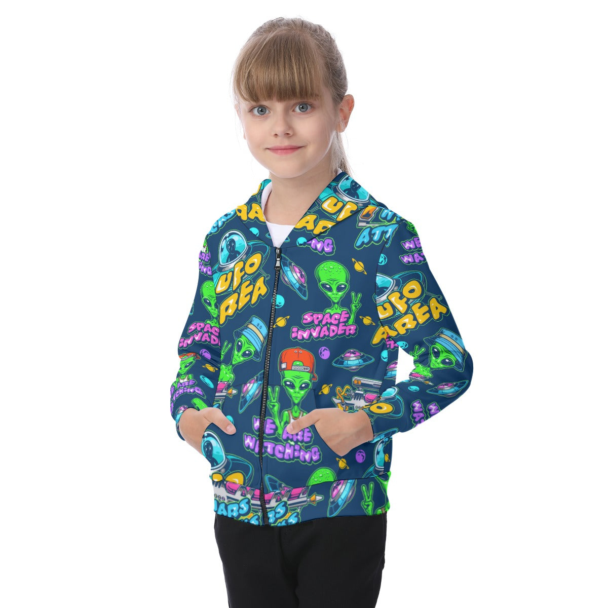 Kid's Space Invaders Zip-up Hoodie With Patch Pocket